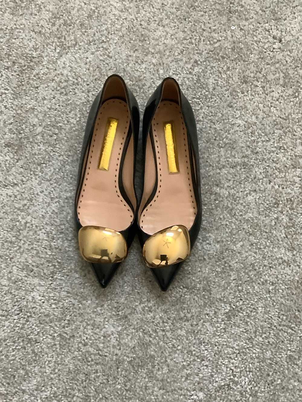 Rupert Sanderson Black Pointed Flats with Gold Toe Caps